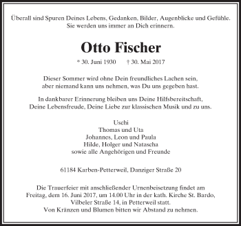 Traueranzeige von Otto Fischer von  Usinger Anzeiger