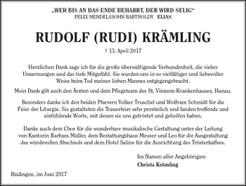 Traueranzeige von Rudolf Krämling von  Kreisanzeiger