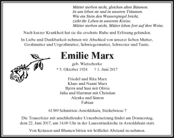 Traueranzeige von Emilie Marx von  Usinger Anzeiger