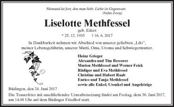Traueranzeige von Liselotte Methfessel von  Kreisanzeiger