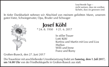 Traueranzeige von Josef Köhl von  Gießener Anzeiger