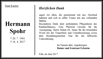 Traueranzeige von Hermann Spohr von VRM Trauer