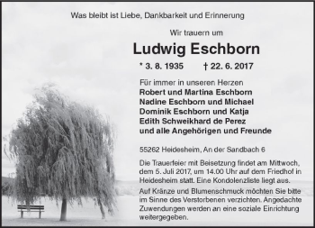 Traueranzeige von Ludwig Eschborn von Trauerportal Rhein Main Presse