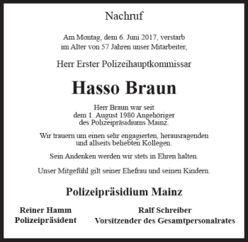 Traueranzeige von Hasso Braun von Trauerportal Rhein Main Presse