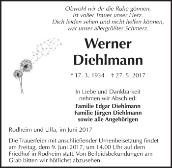 Traueranzeige von Werner Diehlmann von  Kreisanzeiger