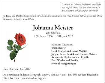 Traueranzeige von Johanna Meister von Trauerportal Echo Online