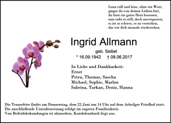 Traueranzeige von Ingrid Allmann von Trauerportal Echo Online