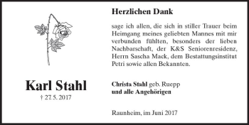 Traueranzeige von Karl Stahl von Trauerportal Rhein Main Presse