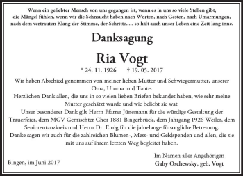 Traueranzeige von Ria Vogt von Trauerportal Rhein Main Presse