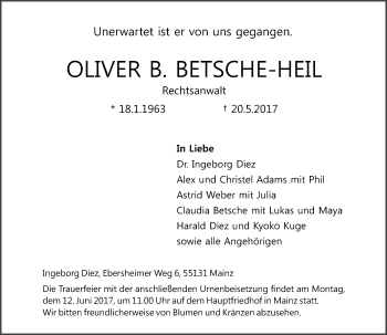 Traueranzeige von Oliver B. Betsche-Heil von Trauerportal Rhein Main Presse