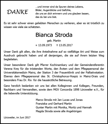 Traueranzeige von Bianca Stroda von Trauerportal Rhein Main Presse