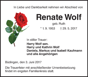 Traueranzeige von Renate Wolf von  Kreisanzeiger