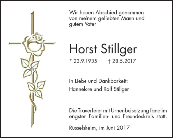 Traueranzeige von Horst Stillger von Trauerportal Rhein Main Presse