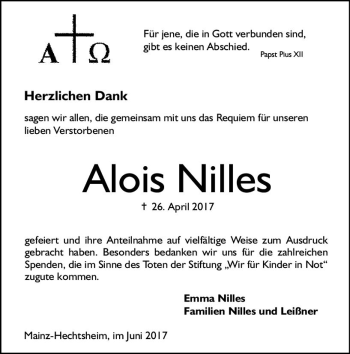 Traueranzeige von Alois Nilles von Trauerportal Rhein Main Presse