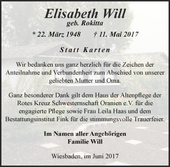 Traueranzeige von Elisabeth Will von Trauerportal Rhein Main Presse