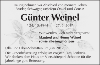 Traueranzeige von Günter Weinel von  Kreisanzeiger