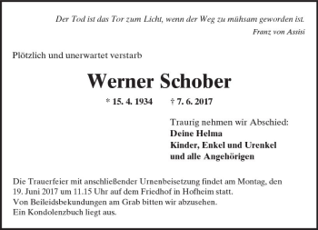 Traueranzeige von Werner Schober von Trauerportal Echo Online