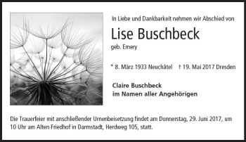 Traueranzeige von Lise Buschbeck von Trauerportal Rhein Main Presse
