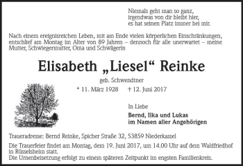 Traueranzeige von Elisabeth Reinke von Trauerportal Rhein Main Presse