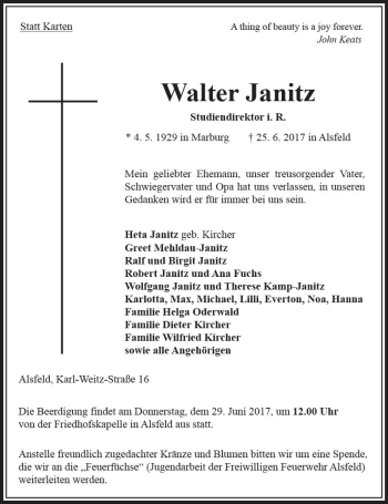 Traueranzeige von Walter Janitz von VRM Trauer