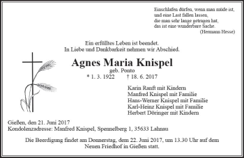 Traueranzeige von Agnes Maria Knispel von  Gießener Anzeiger