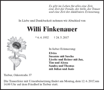 Traueranzeige von Willi Finkenauer von Trauerportal Rhein Main Presse