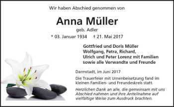 Traueranzeige von Anna Müller von Trauerportal Echo Online