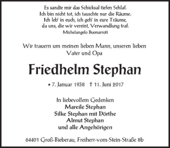 Traueranzeige von Friedhelm Stephan von Trauerportal Echo Online