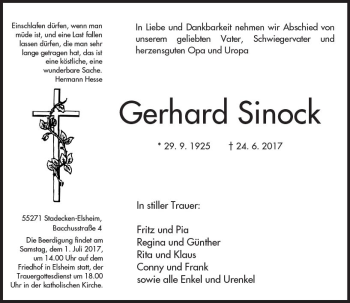 Traueranzeige von Gerhard Sinock von Trauerportal Rhein Main Presse