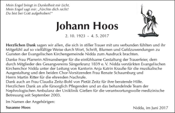 Traueranzeige von Johann Hoos von  Kreisanzeiger