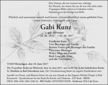 Traueranzeige von Gabi Kunz von Trauerportal Rhein Main Presse