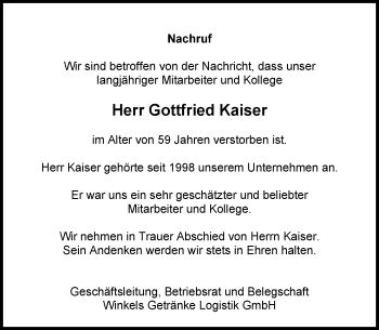 Traueranzeige von Gottfried Kaiser von Trauerportal Echo Online