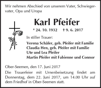 Traueranzeige von Karl Pfeifer von  Kreisanzeiger
