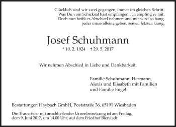 Traueranzeige von Josef Schuhmann von Trauerportal Rhein Main Presse
