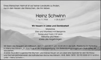 Traueranzeige von Heinz Schwinn von Trauerportal Rhein Main Presse