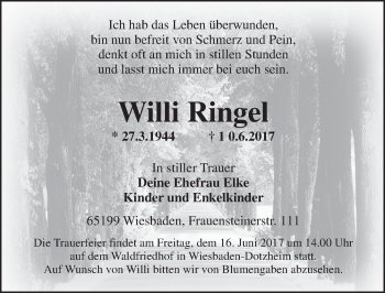Traueranzeige von Willi Ringel von Trauerportal Rhein Main Presse