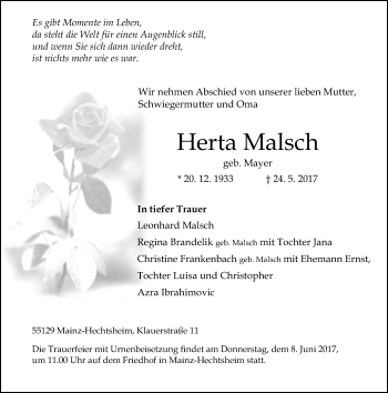Traueranzeige von Herta Malsch von Trauerportal Rhein Main Presse