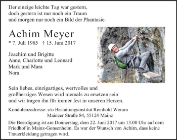 Traueranzeige von Achim Meyer von Trauerportal Rhein Main Presse
