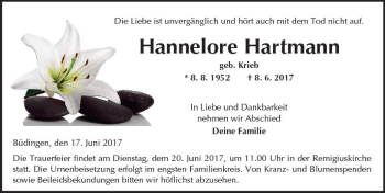 Traueranzeige von Hannelore Hartmann von  Kreisanzeiger