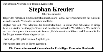 Traueranzeige von Stephan Kreuter von  Usinger Anzeiger