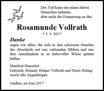 Traueranzeige von Rosamunde Vollrath von  Gießener Anzeiger