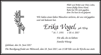 Traueranzeige von Erika Vogel von  Kreisanzeiger