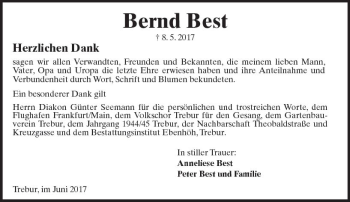 Traueranzeige von Bernd Best von Trauerportal Echo Online