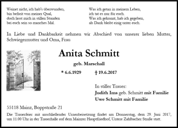 Traueranzeige von Anita Schmitt von Trauerportal Rhein Main Presse