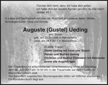 Traueranzeige von Auguste Ueding von Trauerportal Rhein Main Presse