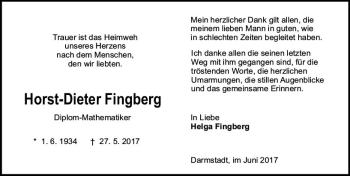 Traueranzeige von Horst-Dieter Fingberg von Trauerportal Echo Online