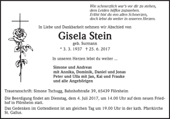 Traueranzeige von Gisela Stein von Trauerportal Rhein Main Presse