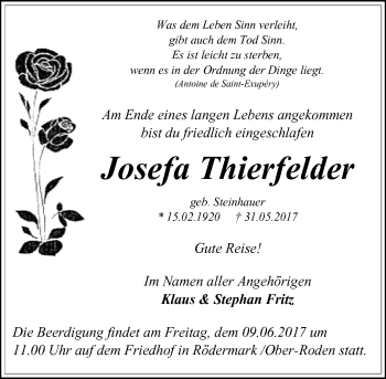 Traueranzeige von Josefa Thierfelder von Trauerportal Echo Online