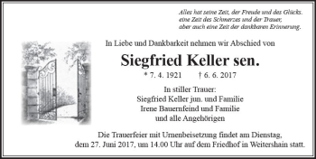 Traueranzeige von Siegfried Keller von  Gießener Anzeiger
