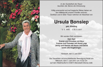 Traueranzeige von Ursula Bonsiep von  Kreisanzeiger